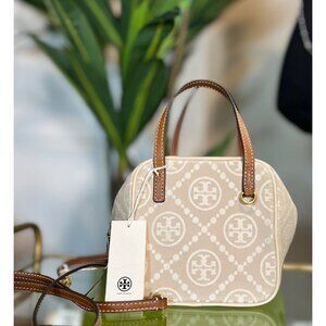 Tory Burch T Monogram Jacquard Cube Bag OS Ivory/Brown Leather Handles Crossbody